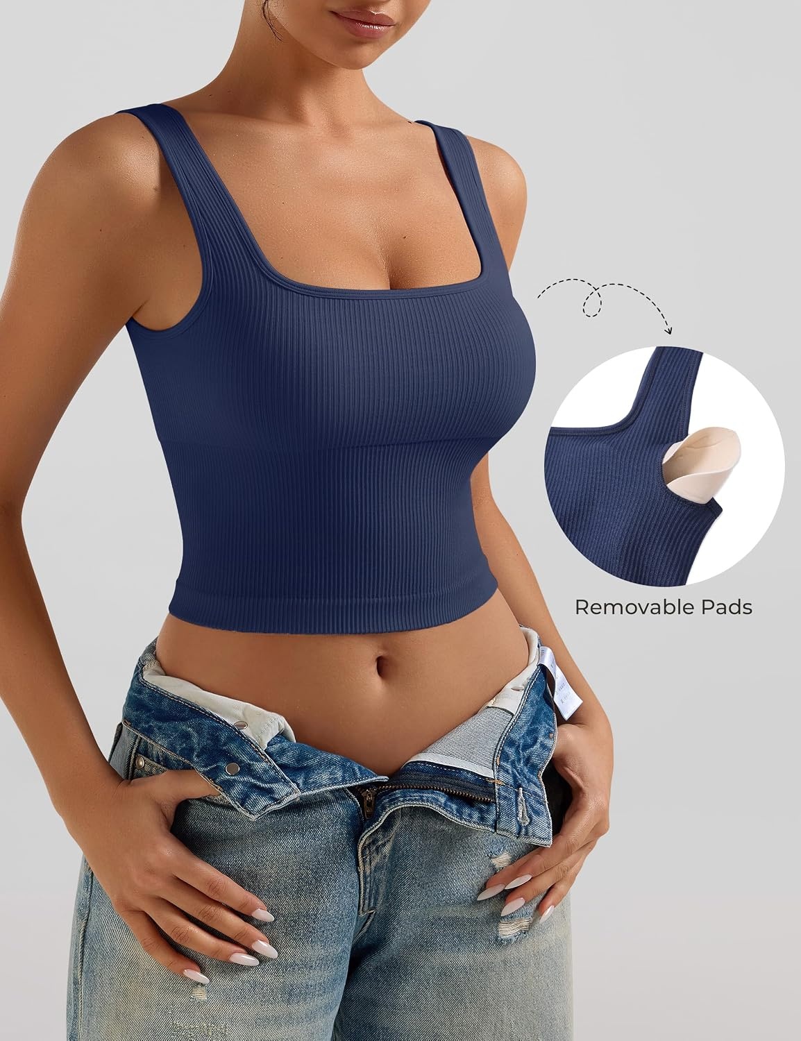 image:imageOLCHEE Womens 2 Pack Crop Tank Tops Square Neck Workout Top PaddedBeige Navy