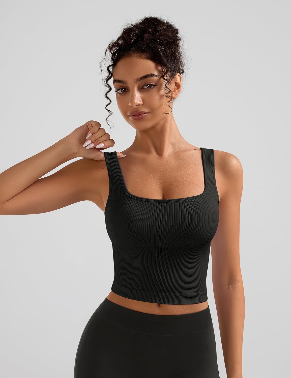 image:imageOLCHEE Womens 2 Pack Crop Tank Tops Square Neck Workout Top PaddedBlack Beige
