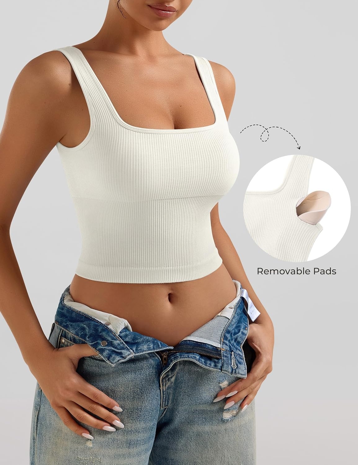 image:imageOLCHEE Womens 2 Pack Crop Tank Tops Square Neck Workout Top PaddedBlack Beige
