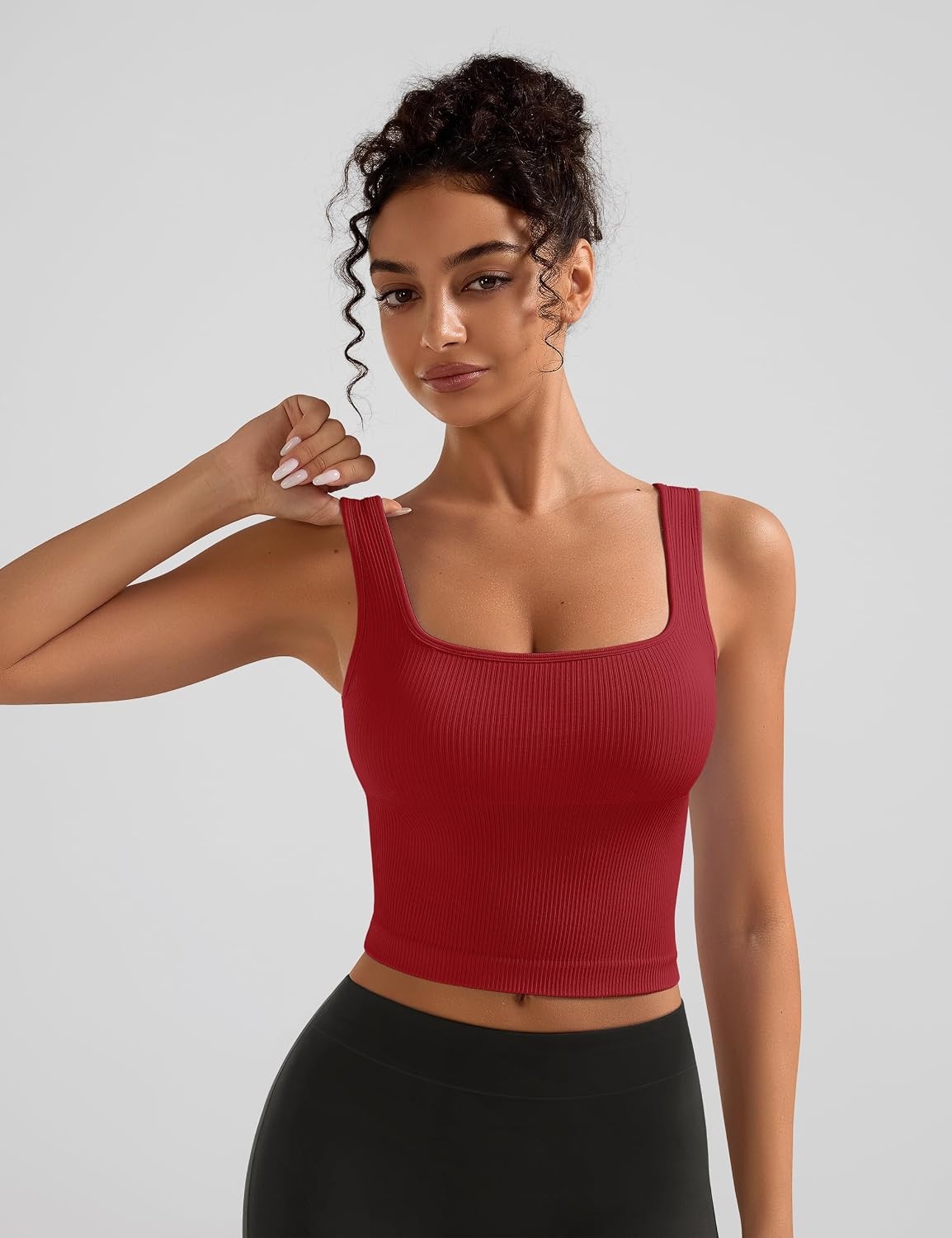 image:imageOLCHEE Womens 2 Pack Crop Tank Tops Square Neck Workout Top PaddedBlack Red