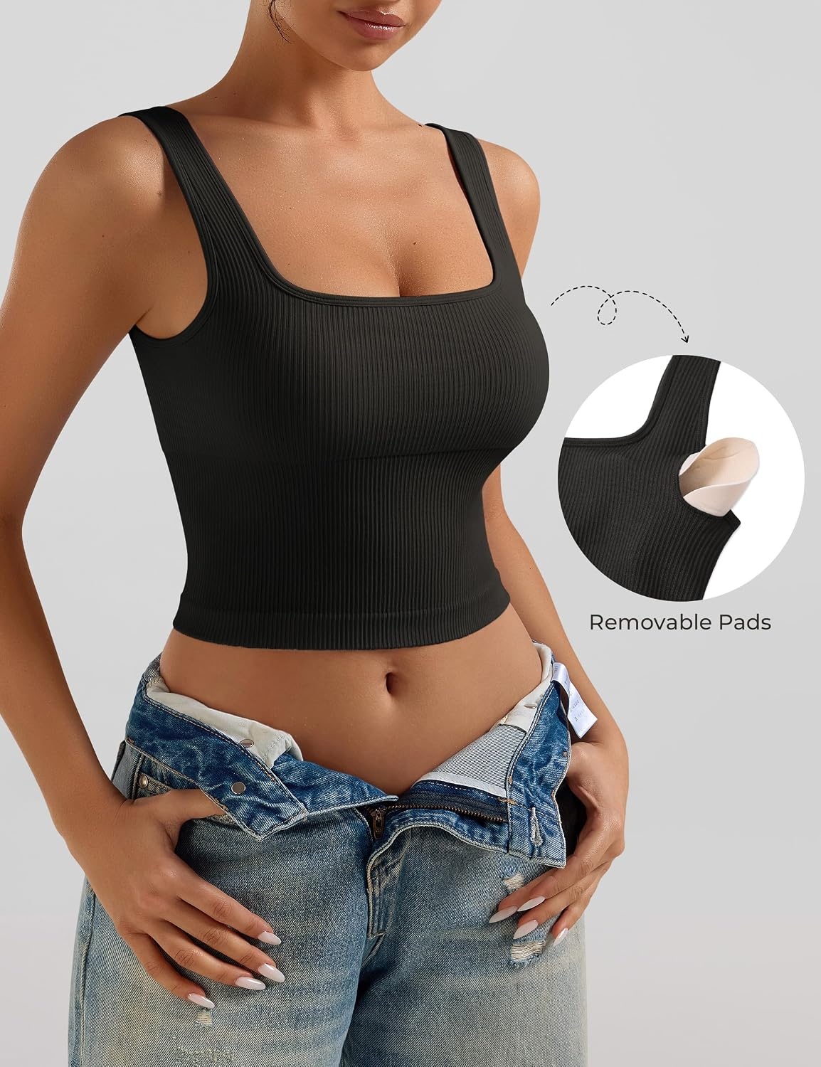 image:imageOLCHEE Womens 2 Pack Crop Tank Tops Square Neck Workout Top PaddedBlack Red