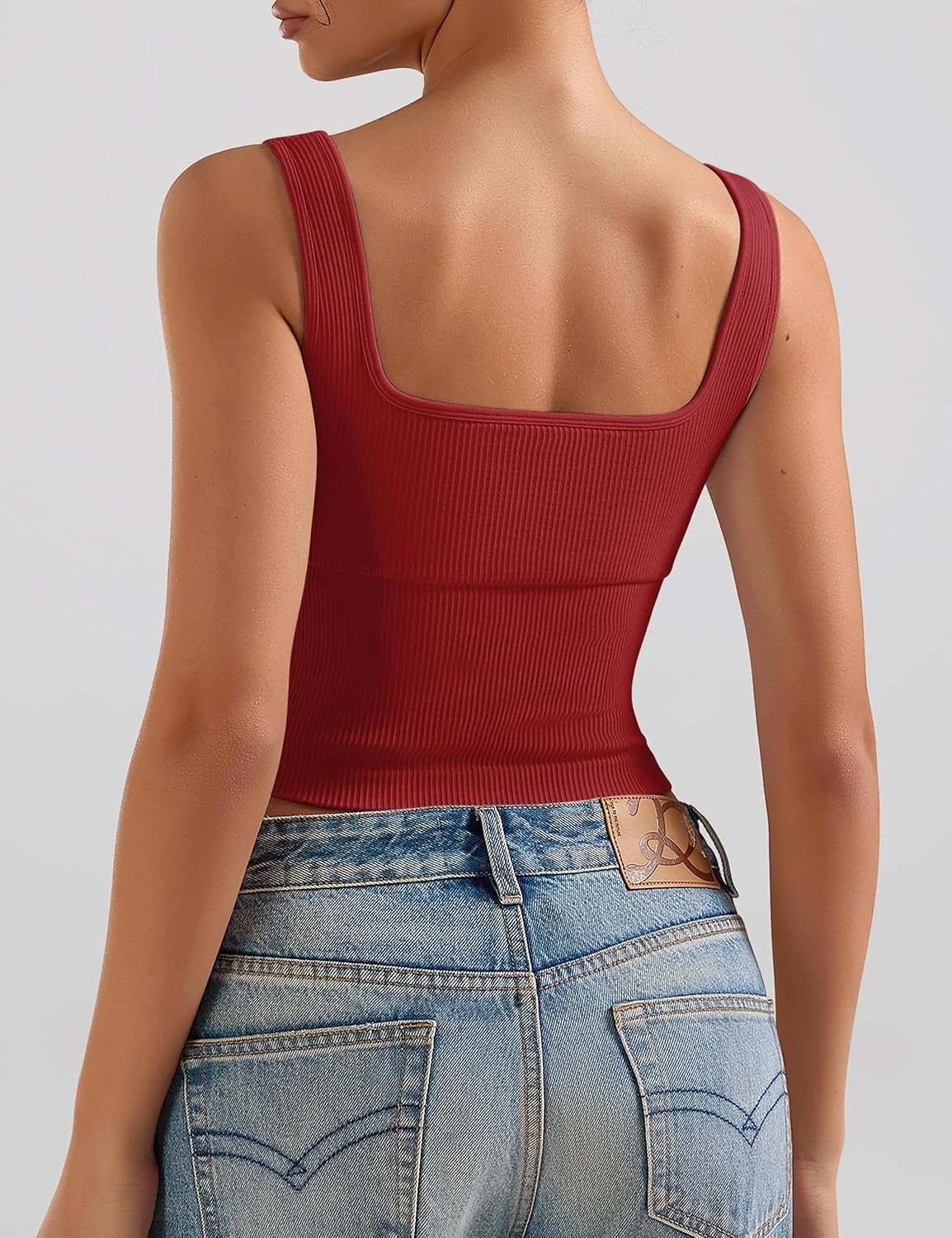 image:imageOLCHEE Womens 2 Pack Crop Tank Tops Square Neck Workout Top PaddedBlack Red