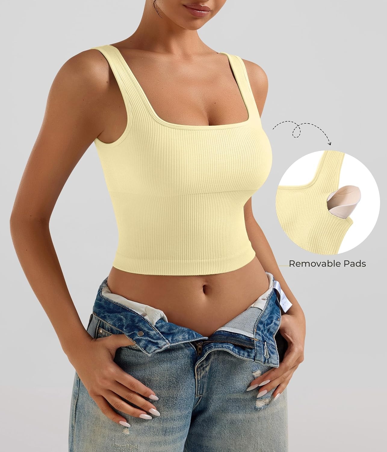 image:imageOLCHEE Womens 2 Pack Crop Tank Tops Square Neck Workout Top PaddedBrown Yellow