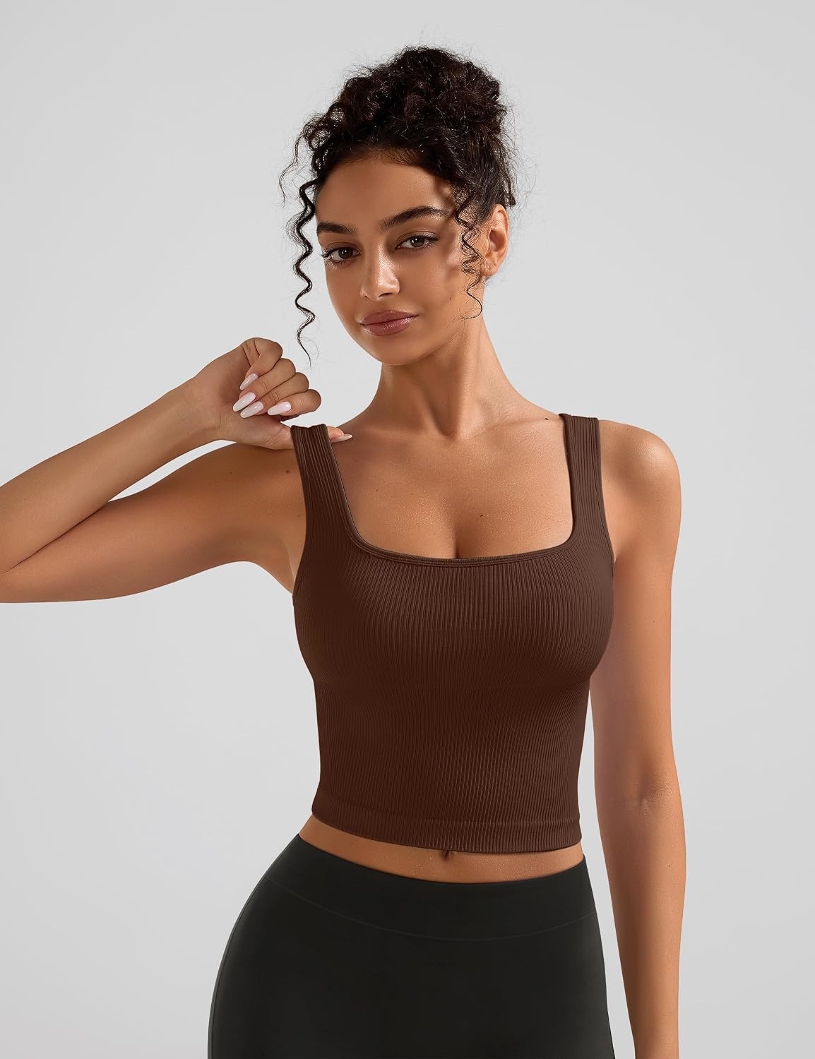 image:imageOLCHEE Womens 2 Pack Crop Tank Tops Square Neck Workout Top PaddedBrown Yellow