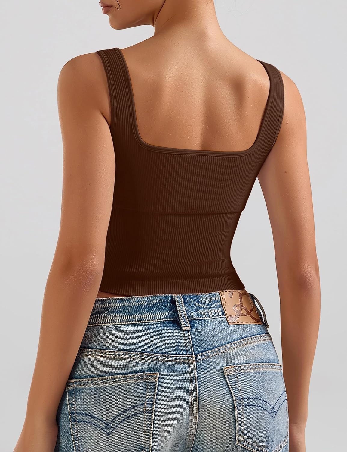 image:imageOLCHEE Womens 2 Pack Crop Tank Tops Square Neck Workout Top PaddedBrown Yellow