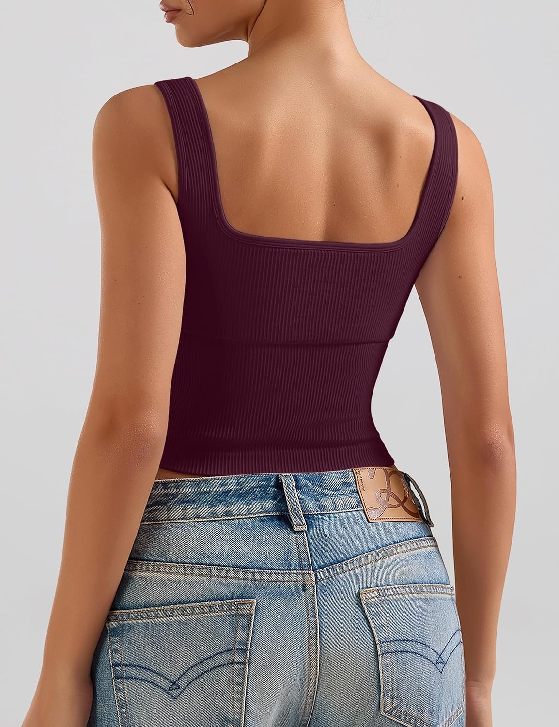 image:imageOLCHEE Womens 2 Pack Crop Tank Tops Square Neck Workout Top PaddedPlum Light Pink