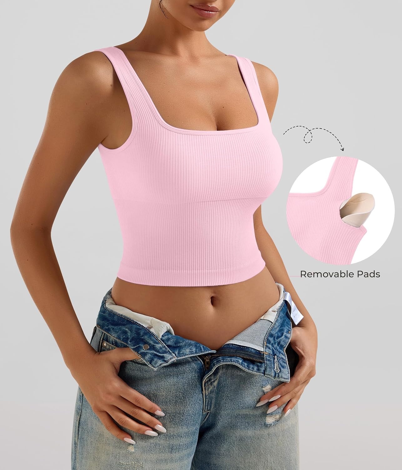 image:imageOLCHEE Womens 2 Pack Crop Tank Tops Square Neck Workout Top PaddedPlum Light Pink
