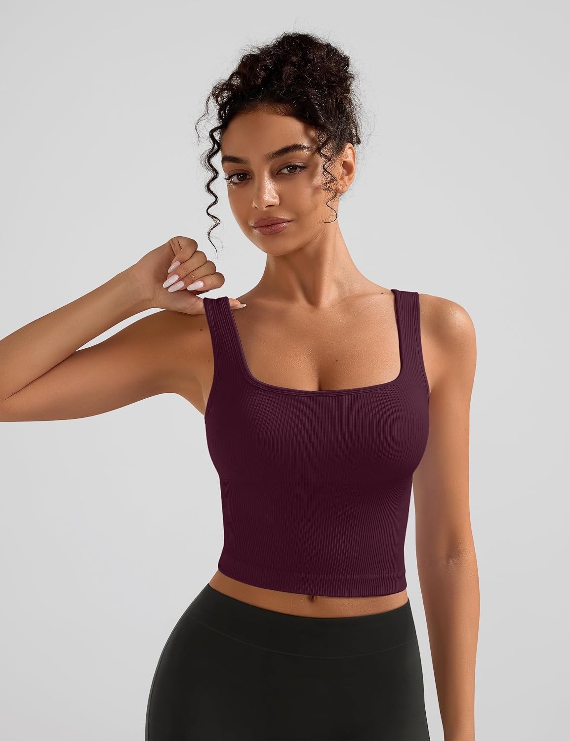 image:imageOLCHEE Womens 2 Pack Crop Tank Tops Square Neck Workout Top PaddedPlum Light Pink