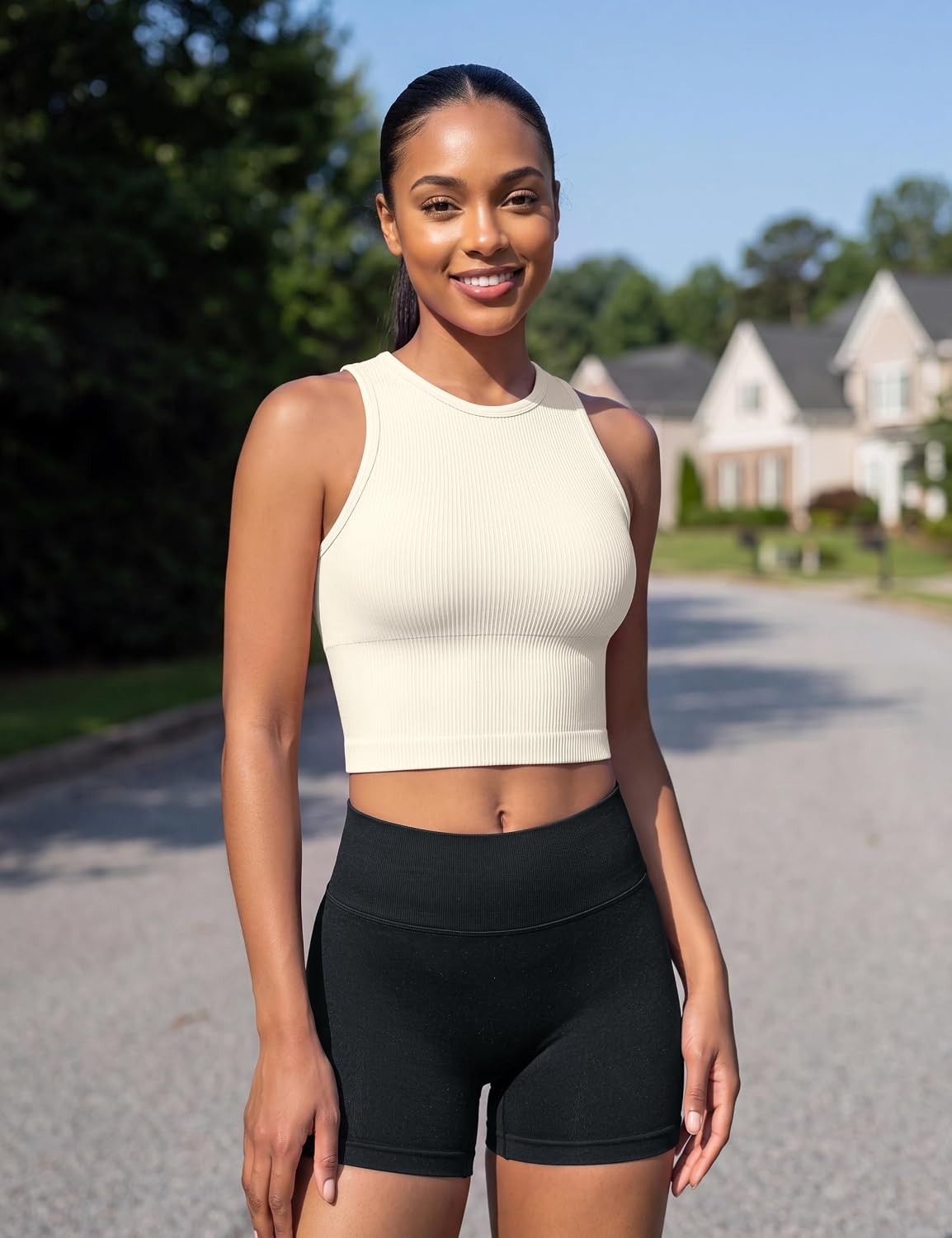 image:imageOLCHEE Womens 3 Pack Crop Tank Tops Basic Seamless Ribbed Round High Neck Racerback Workout Top Summer Causal Yoga Gym ShirtsPadded Beige Navy