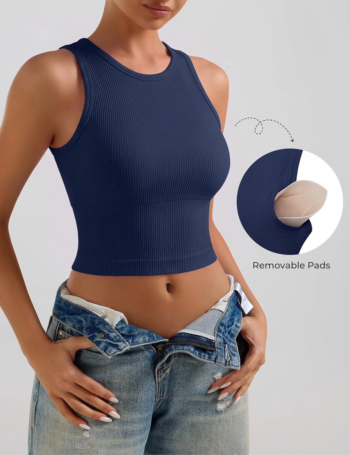 image:imageOLCHEE Womens 3 Pack Crop Tank Tops Basic Seamless Ribbed Round High Neck Racerback Workout Top Summer Causal Yoga Gym ShirtsPadded Beige Navy