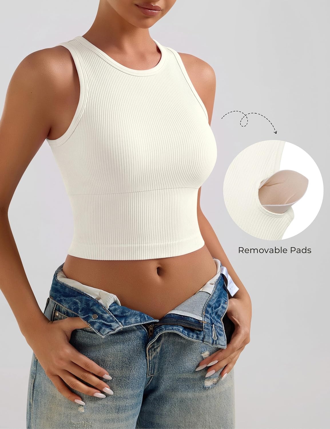 image:imageOLCHEE Womens 3 Pack Crop Tank Tops Basic Seamless Ribbed Round High Neck Racerback Workout Top Summer Causal Yoga Gym ShirtsPadded Black Beige