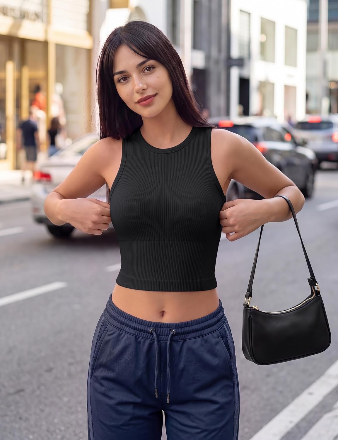 image:imageOLCHEE Womens 3 Pack Crop Tank Tops Basic Seamless Ribbed Round High Neck Racerback Workout Top Summer Causal Yoga Gym ShirtsPadded Black Beige
