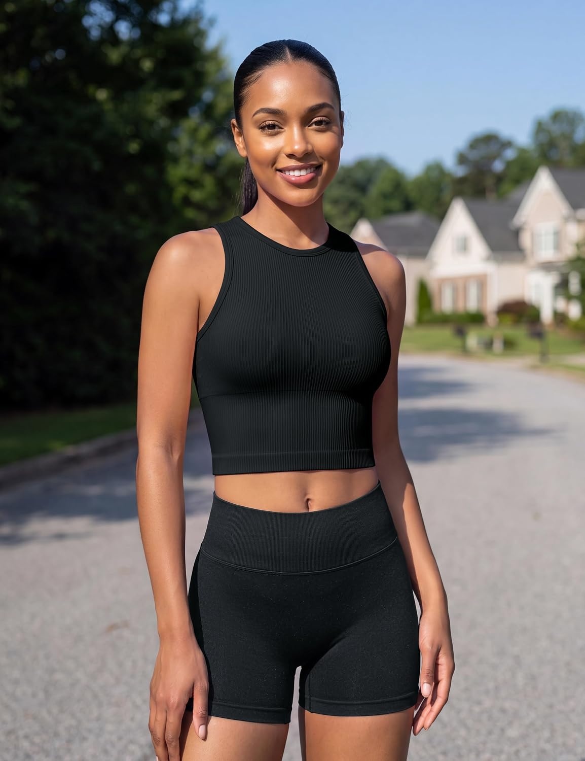 image:imageOLCHEE Womens 3 Pack Crop Tank Tops Basic Seamless Ribbed Round High Neck Racerback Workout Top Summer Causal Yoga Gym ShirtsPadded Black Beige