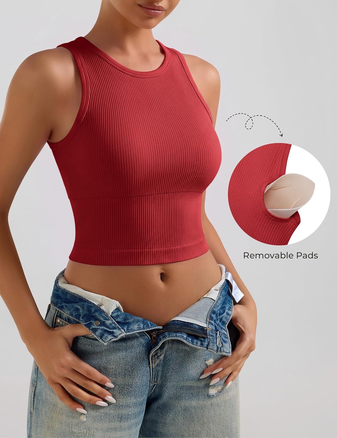 image:imageOLCHEE Womens 3 Pack Crop Tank Tops Basic Seamless Ribbed Round High Neck Racerback Workout Top Summer Causal Yoga Gym ShirtsPadded Black Red