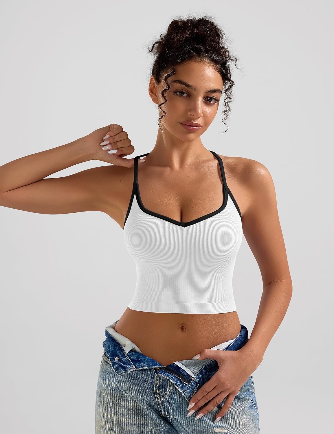 image:imageOLCHEE Womens 3PK Crop Tank Tops Seamless Ribbed Sweetheart Neck Racerback Spaghetti Straps Contrast Trim Workout Yoga CamiBlack White Brown