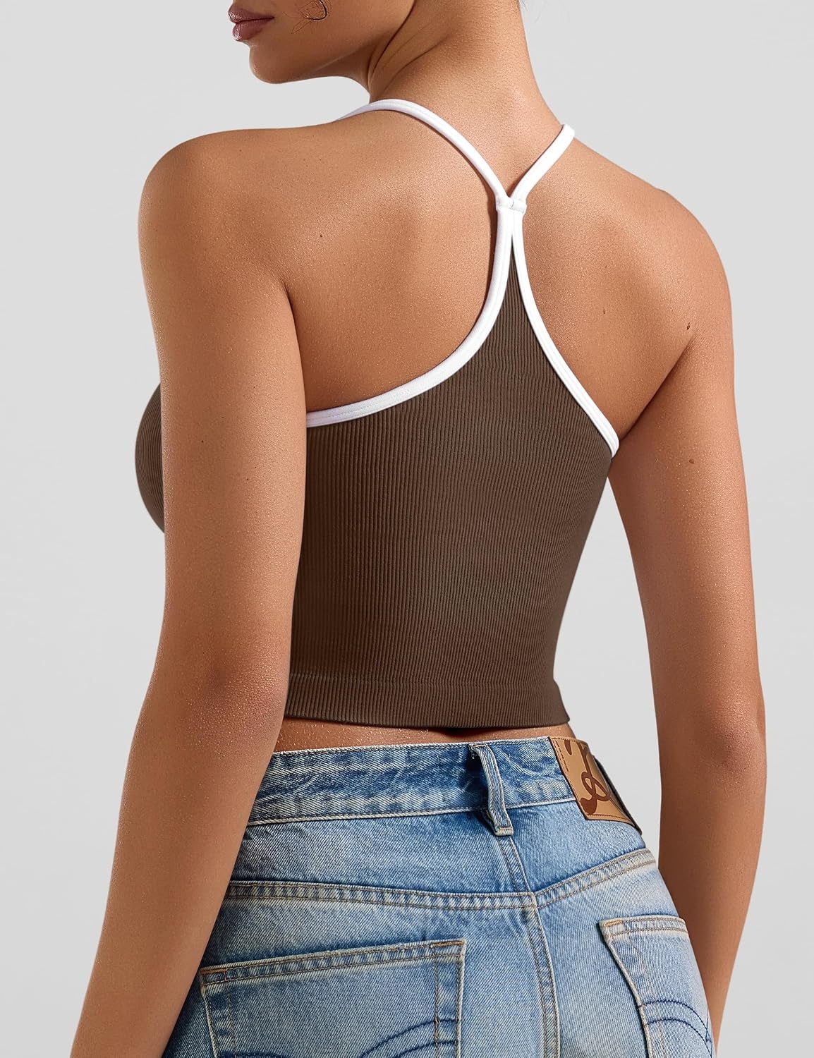image:imageOLCHEE Womens 3PK Crop Tank Tops Seamless Ribbed Sweetheart Neck Racerback Spaghetti Straps Contrast Trim Workout Yoga CamiBlack White Brown