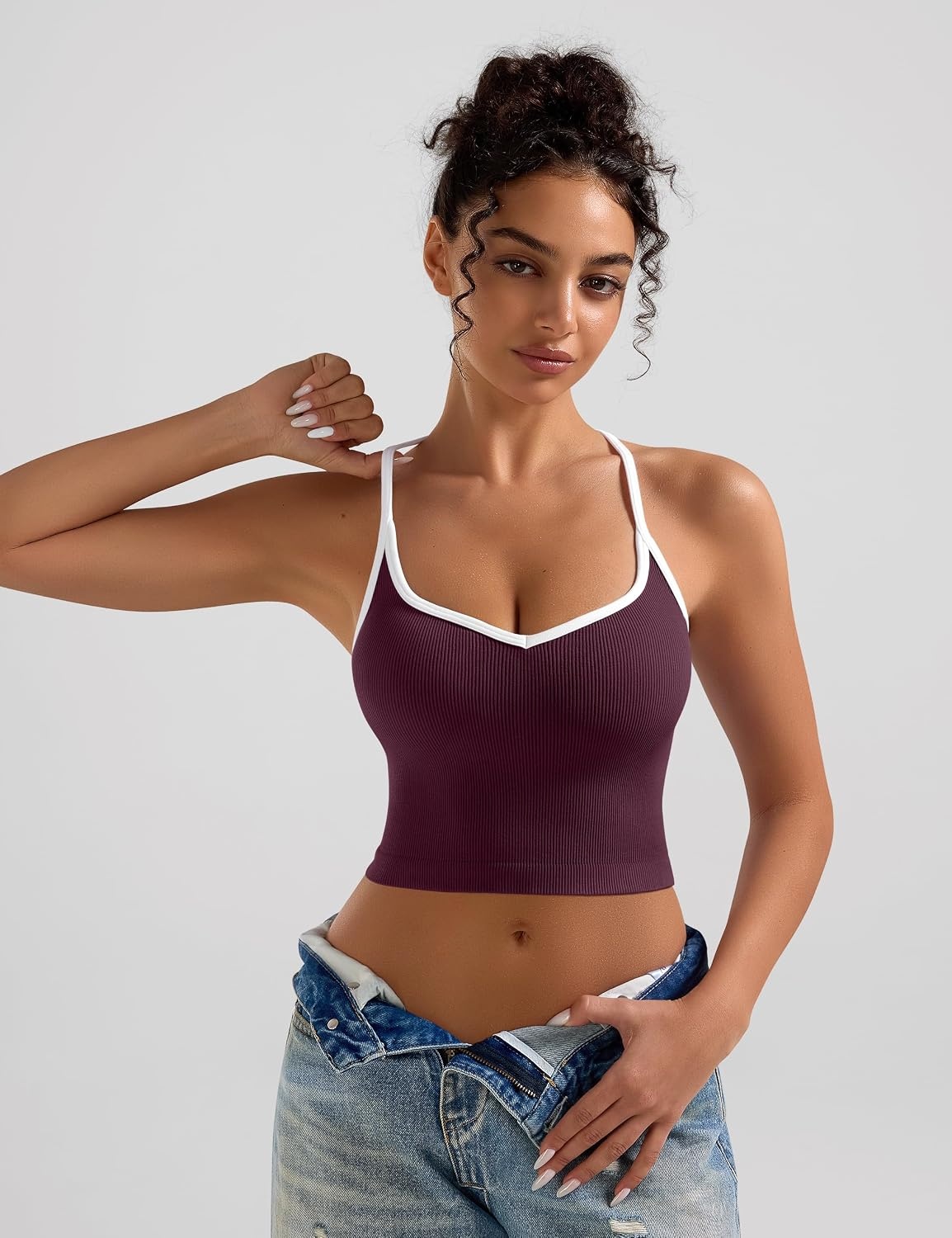 image:imageOLCHEE Womens 3PK Crop Tank Tops Seamless Ribbed Sweetheart Neck Racerback Spaghetti Straps Contrast Trim Workout Yoga CamiBlack White Plum