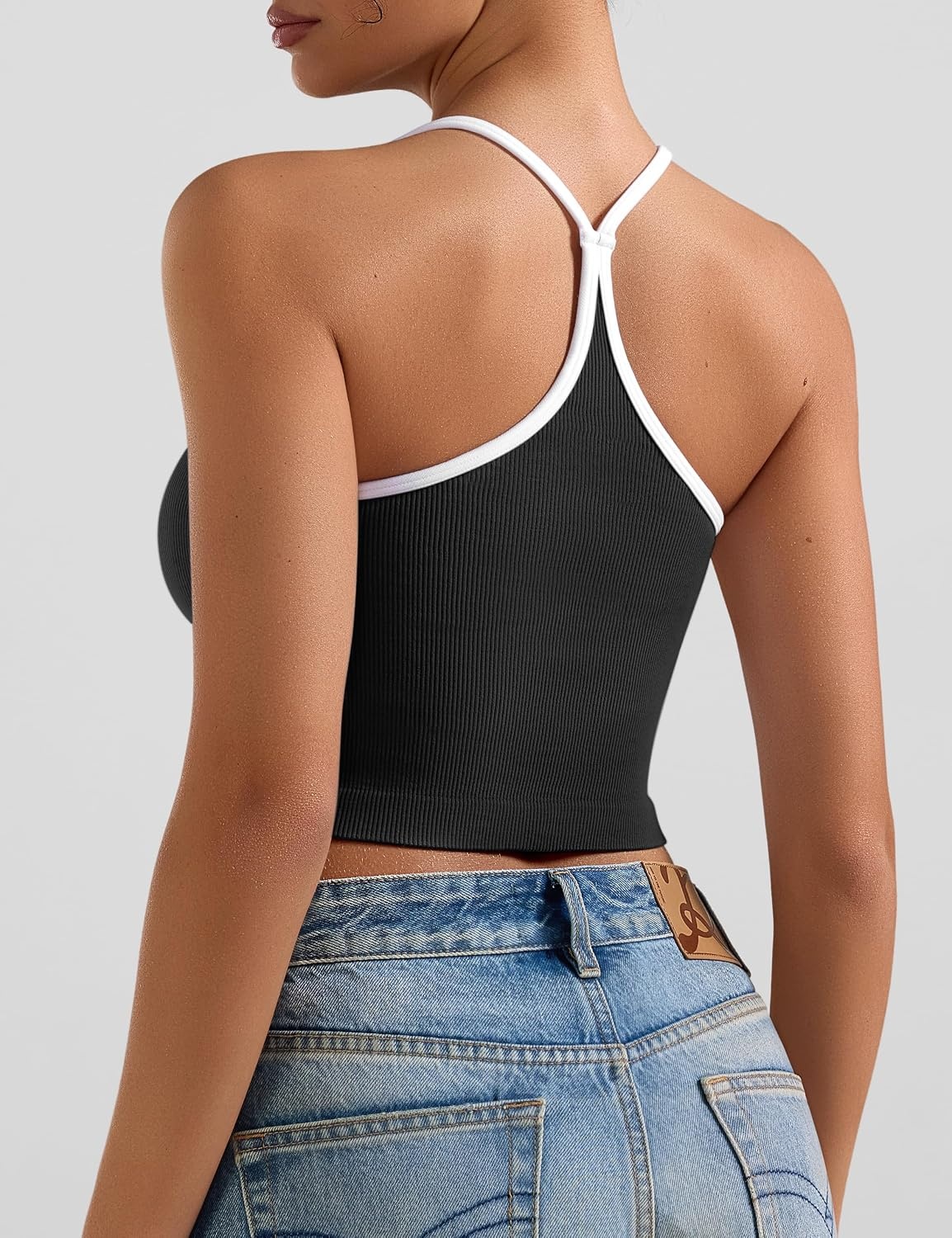 image:imageOLCHEE Womens 3PK Crop Tank Tops Seamless Ribbed Sweetheart Neck Racerback Spaghetti Straps Contrast Trim Workout Yoga CamiBlack White Yellow