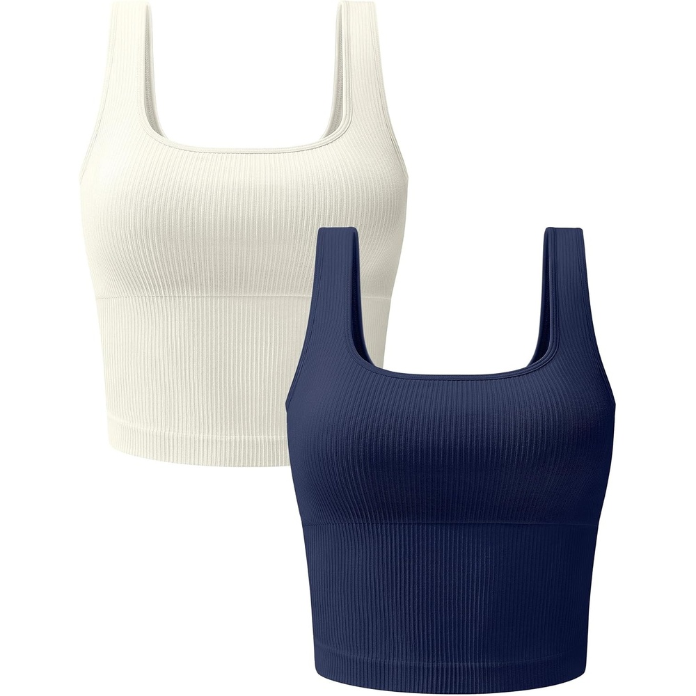 image:imageOLCHEE Womens 2 Pack Crop Tank Tops Square Neck Workout Top PaddedBeige Navy