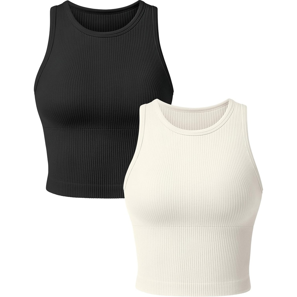 image:imageOLCHEE Womens 3 Pack Crop Tank Tops Basic Seamless Ribbed Round High Neck Racerback Workout Top Summer Causal Yoga Gym ShirtsPadded Black Beige