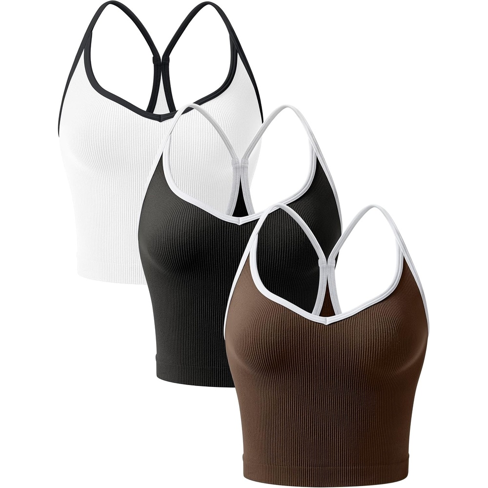image:imageOLCHEE Womens 3PK Crop Tank Tops Seamless Ribbed Sweetheart Neck Racerback Spaghetti Straps Contrast Trim Workout Yoga CamiBlack White Brown