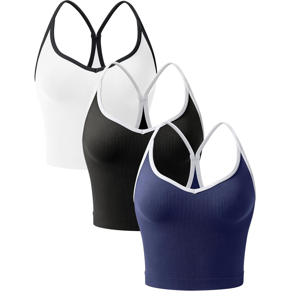 image:imageOLCHEE Womens 3PK Crop Tank Tops Seamless Ribbed Sweetheart Neck Racerback Spaghetti Straps Contrast Trim Workout Yoga CamiBlack White Navy