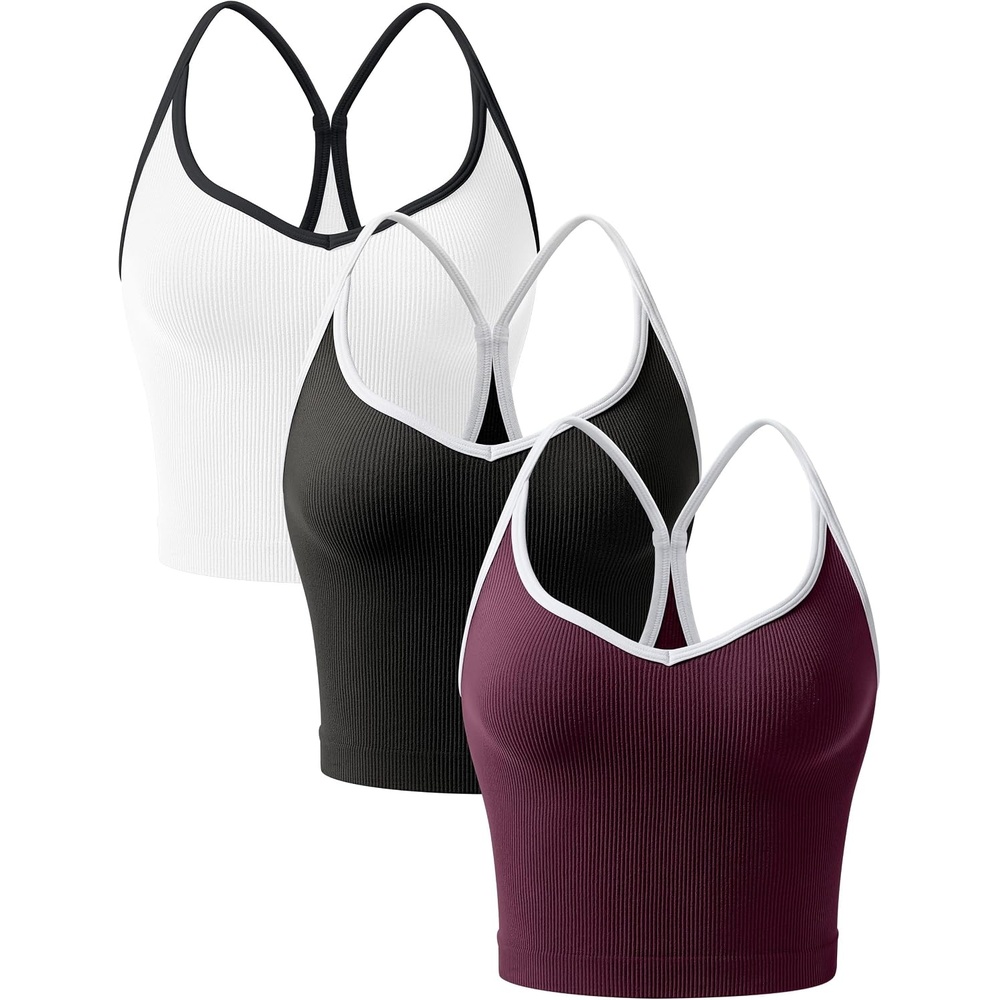 image:imageOLCHEE Womens 3PK Crop Tank Tops Seamless Ribbed Sweetheart Neck Racerback Spaghetti Straps Contrast Trim Workout Yoga CamiBlack White Plum