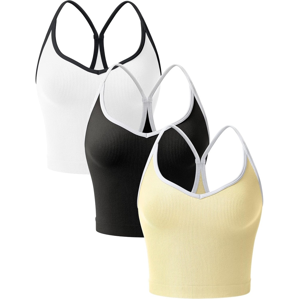 image:imageOLCHEE Womens 3PK Crop Tank Tops Seamless Ribbed Sweetheart Neck Racerback Spaghetti Straps Contrast Trim Workout Yoga CamiBlack White Yellow