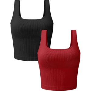 OLCHEE Womens 2 Pack Crop Tank Tops Square Neck Workout Top Padded(Black + Red)