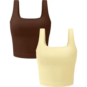 OLCHEE Womens 2 Pack Crop Tank Tops Square Neck Workout Top Padded(Brown + Yellow)