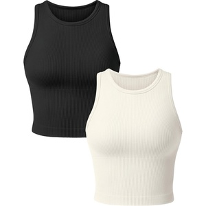 OLCHEE Womens 3 Pack Crop Tank Tops Basic Seamless Ribbed Round High Neck Racerback Workout Top Summer Causal Yoga Gym Shirts(Padded: Black + Beige)