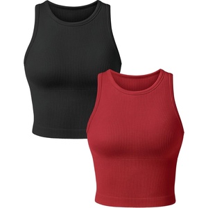 OLCHEE Womens 3 Pack Crop Tank Tops Basic Seamless Ribbed Round High Neck Racerback Workout Top Summer Causal Yoga Gym Shirts(Padded: Black + Red)