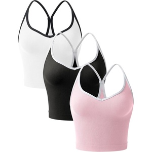 OLCHEE Womens 3PK Crop Tank Tops Seamless Ribbed Sweetheart Neck Racerback Spaghetti Straps Contrast Trim Workout Yoga Cami(Black + White + Light Pink)
