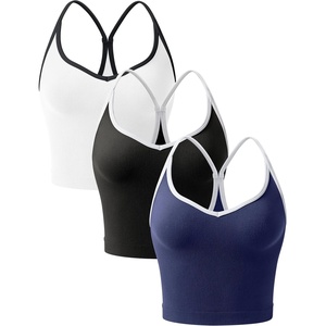 OLCHEE Womens 3PK Crop Tank Tops Seamless Ribbed Sweetheart Neck Racerback Spaghetti Straps Contrast Trim Workout Yoga Cami(Black + White + Navy)