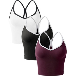 OLCHEE Womens 3PK Crop Tank Tops Seamless Ribbed Sweetheart Neck Racerback Spaghetti Straps Contrast Trim Workout Yoga Cami(Black + White + Plum)