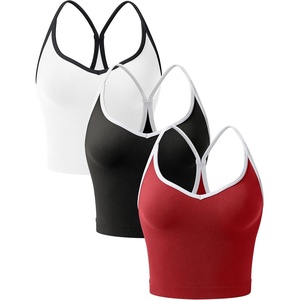 OLCHEE Womens 3PK Crop Tank Tops Seamless Ribbed Sweetheart Neck Racerback Spaghetti Straps Contrast Trim Workout Yoga Cami(Black + White + Red)