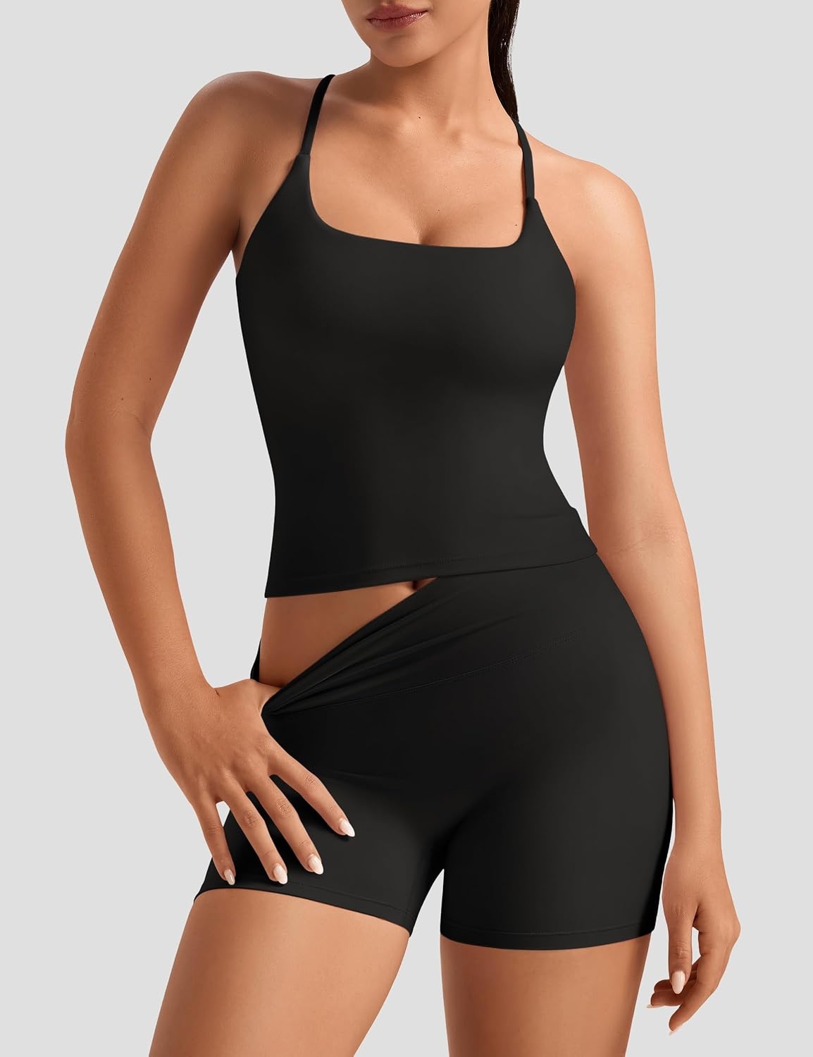 image:imageOLCHEE Womens Workout Set 2 Piece Criss Cross Tank Top Scrunch Butt ShortsBlack