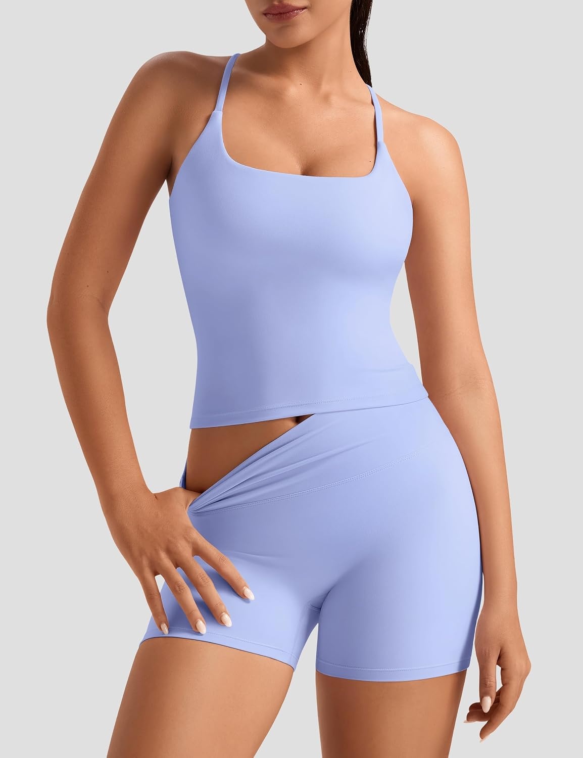 image:imageOLCHEE Womens Workout Set 2 Piece Criss Cross Tank Top Scrunch Butt ShortsLight Blue