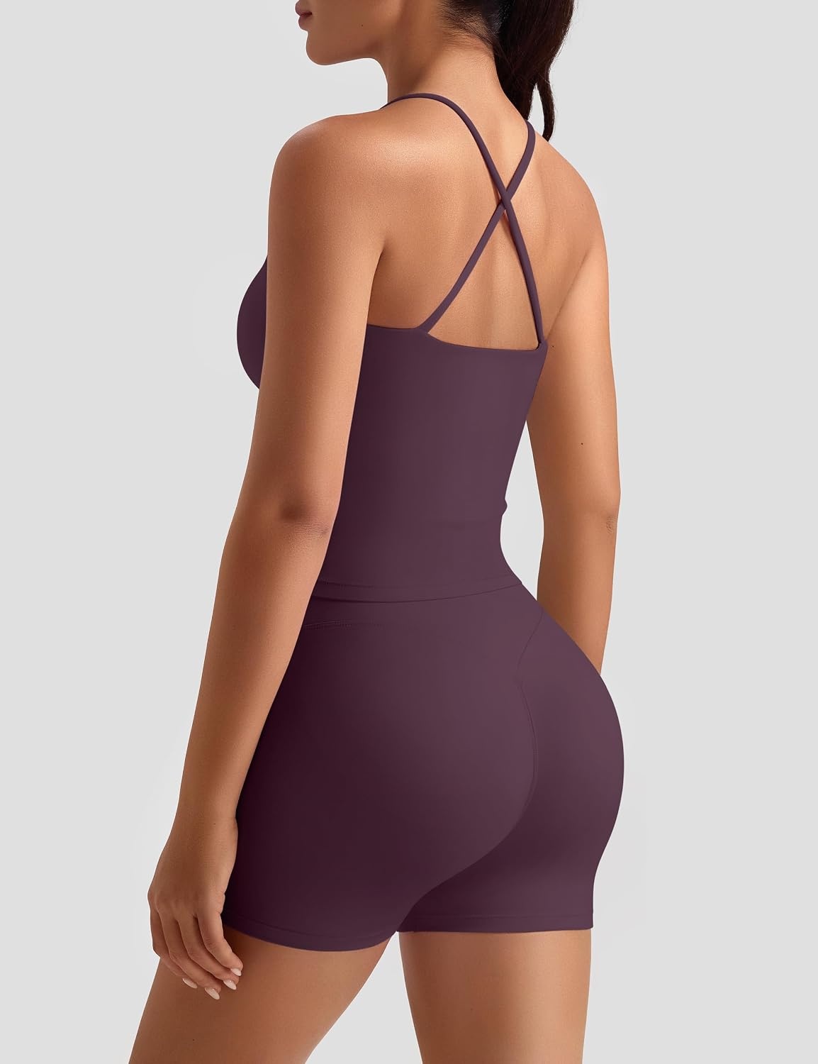 image:imageOLCHEE Womens Workout Set 2 Piece Criss Cross Tank Top Scrunch Butt ShortsPlum