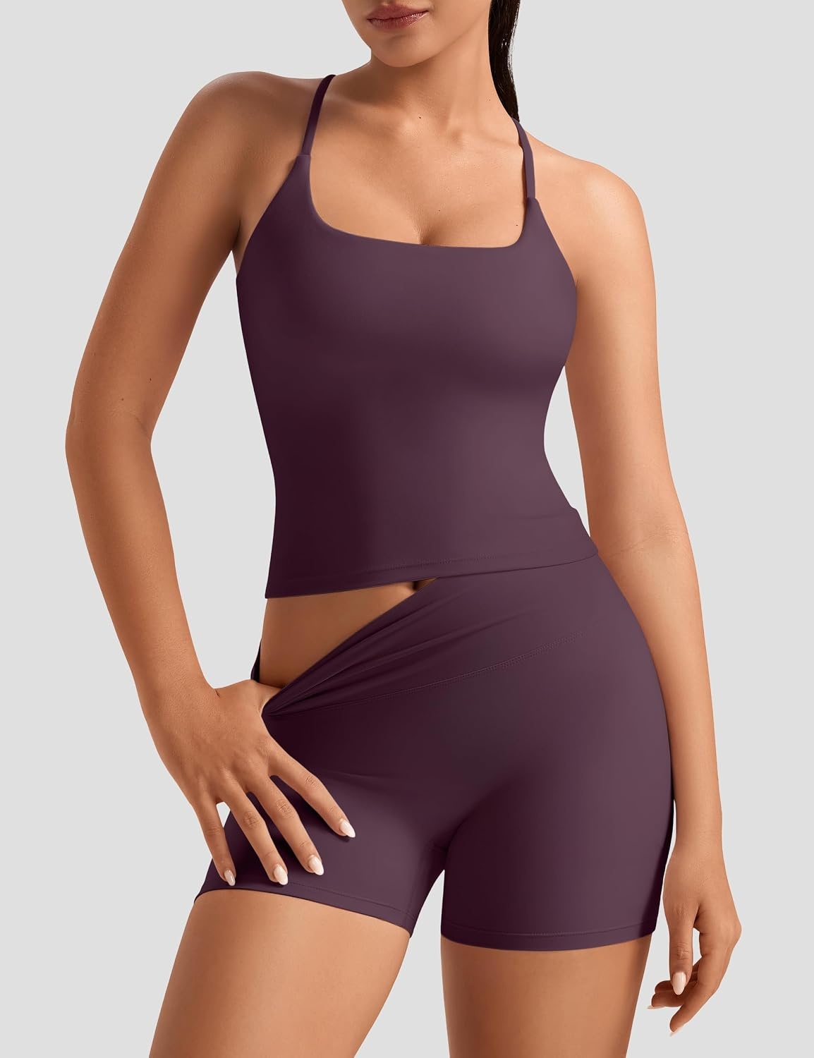 image:imageOLCHEE Womens Workout Set 2 Piece Criss Cross Tank Top Scrunch Butt ShortsPlum