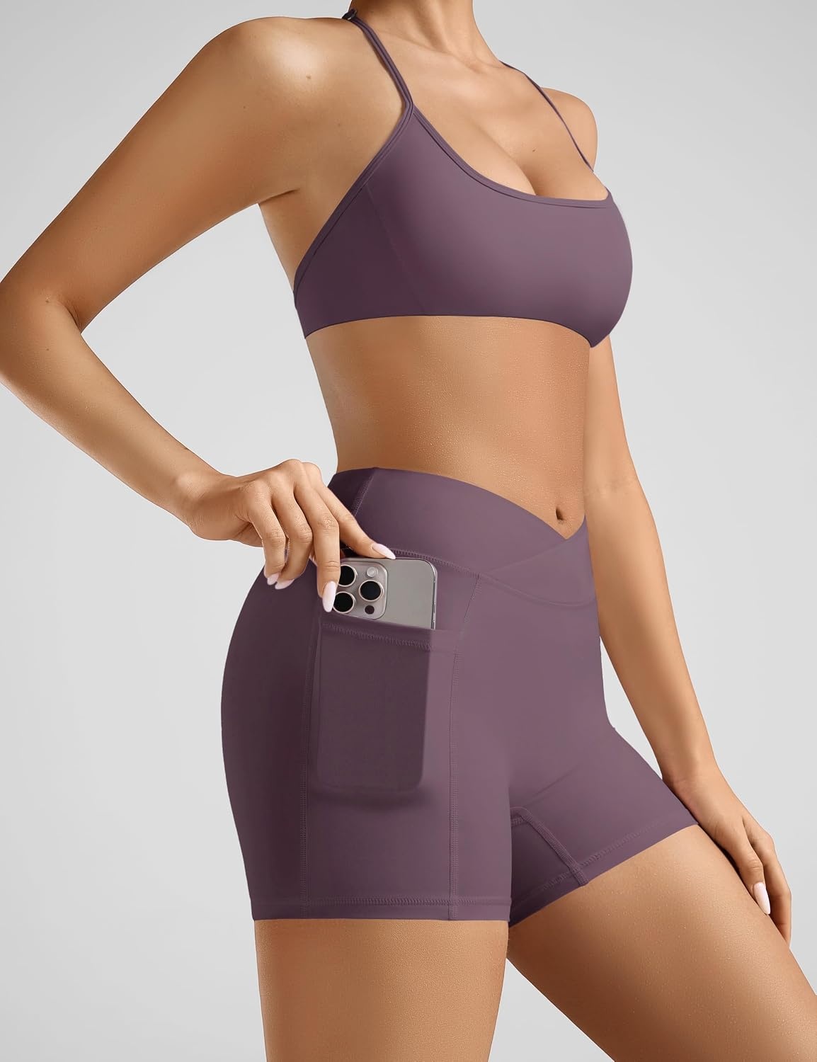 image:imageOLCHEE Womens Workout Sets 2 Piece Y Back Sports Bra Gym Shorts PaddedAmethyst