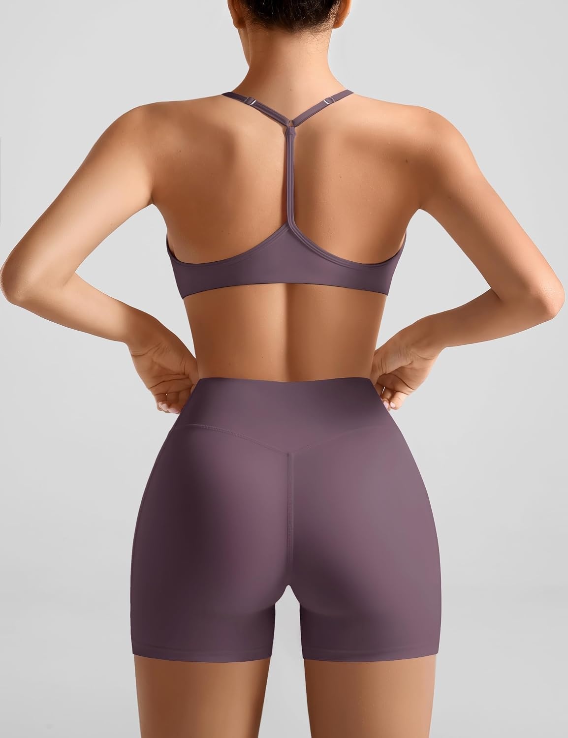 image:imageOLCHEE Womens Workout Sets 2 Piece Y Back Sports Bra Gym Shorts PaddedAmethyst