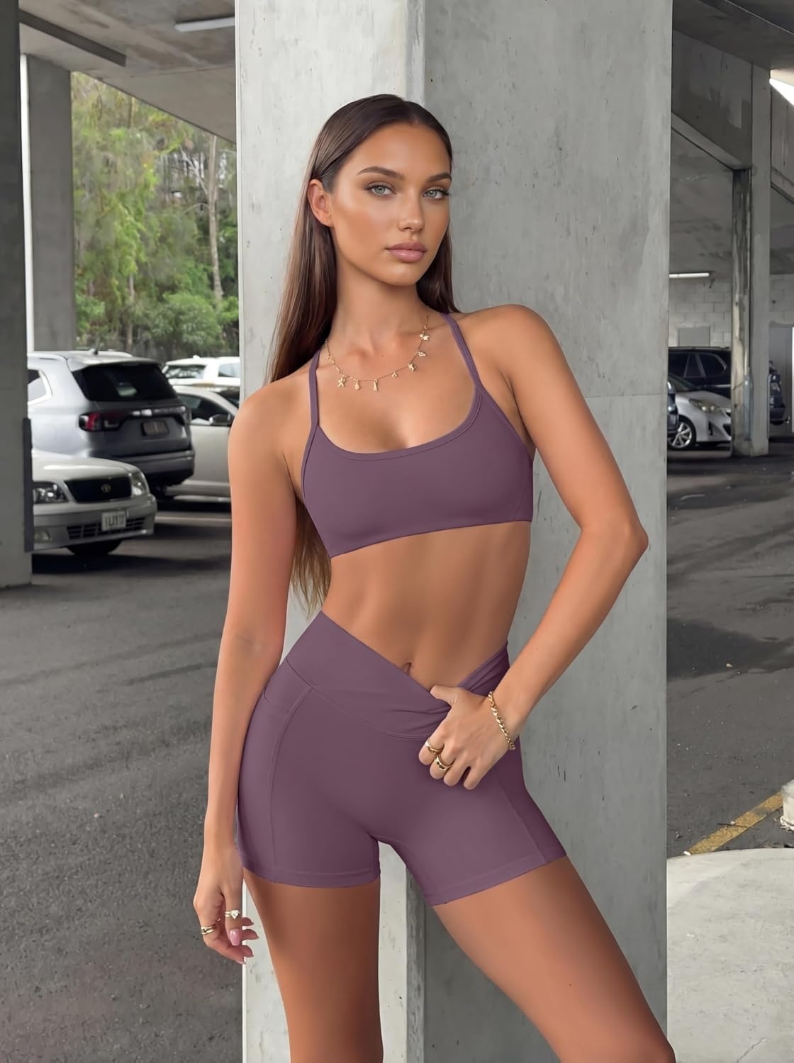 image:imageOLCHEE Womens Workout Sets 2 Piece Y Back Sports Bra Gym Shorts PaddedAmethyst