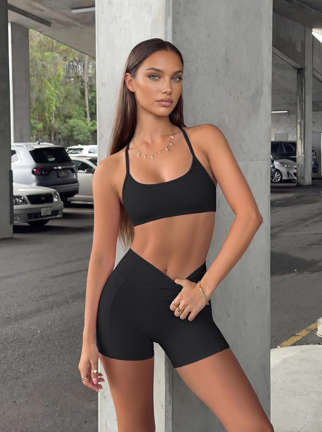 image:imageOLCHEE Womens Workout Sets 2 Piece Y Back Sports Bra Gym Shorts PaddedBlack
