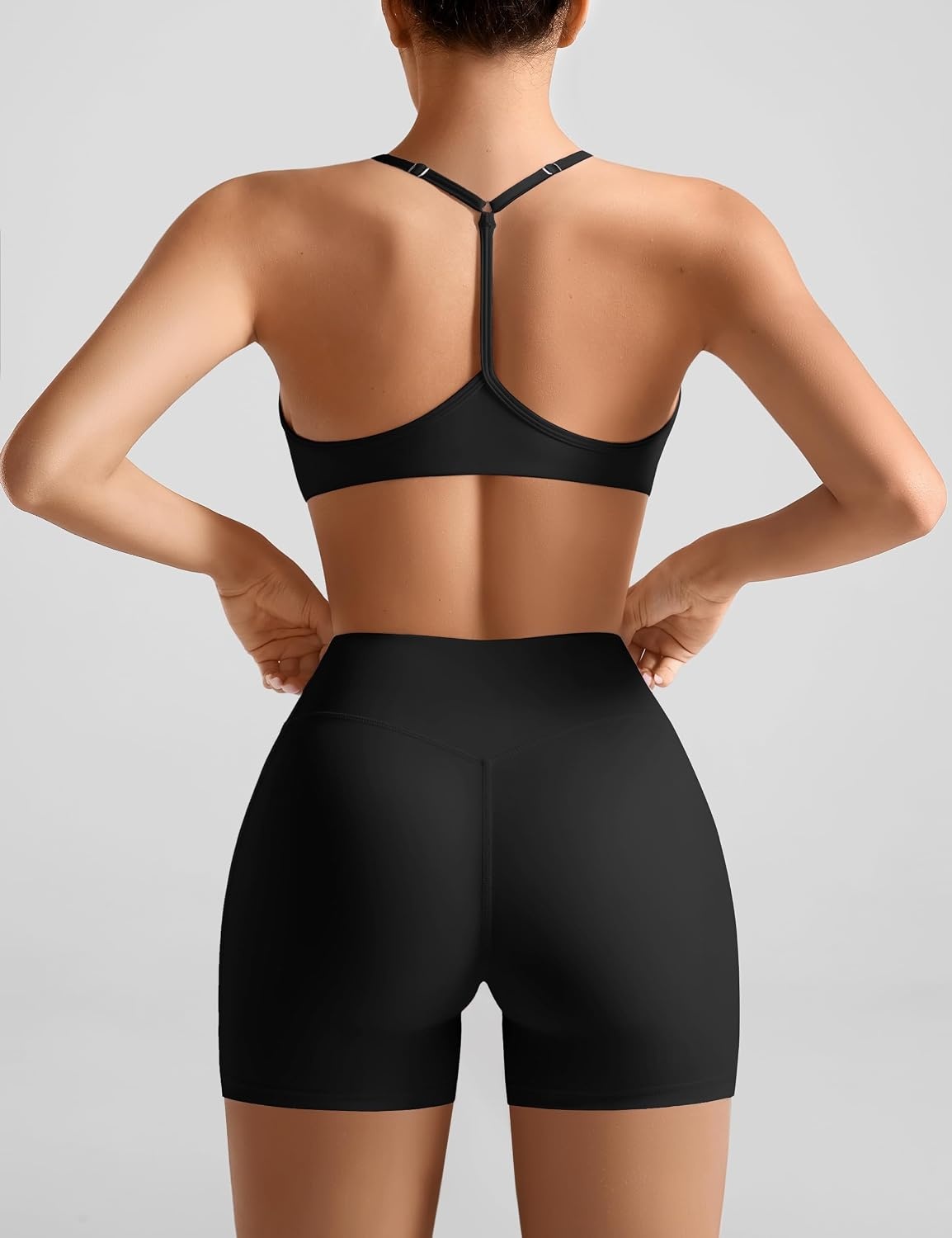 image:imageOLCHEE Womens Workout Sets 2 Piece Y Back Sports Bra Gym Shorts PaddedBlack