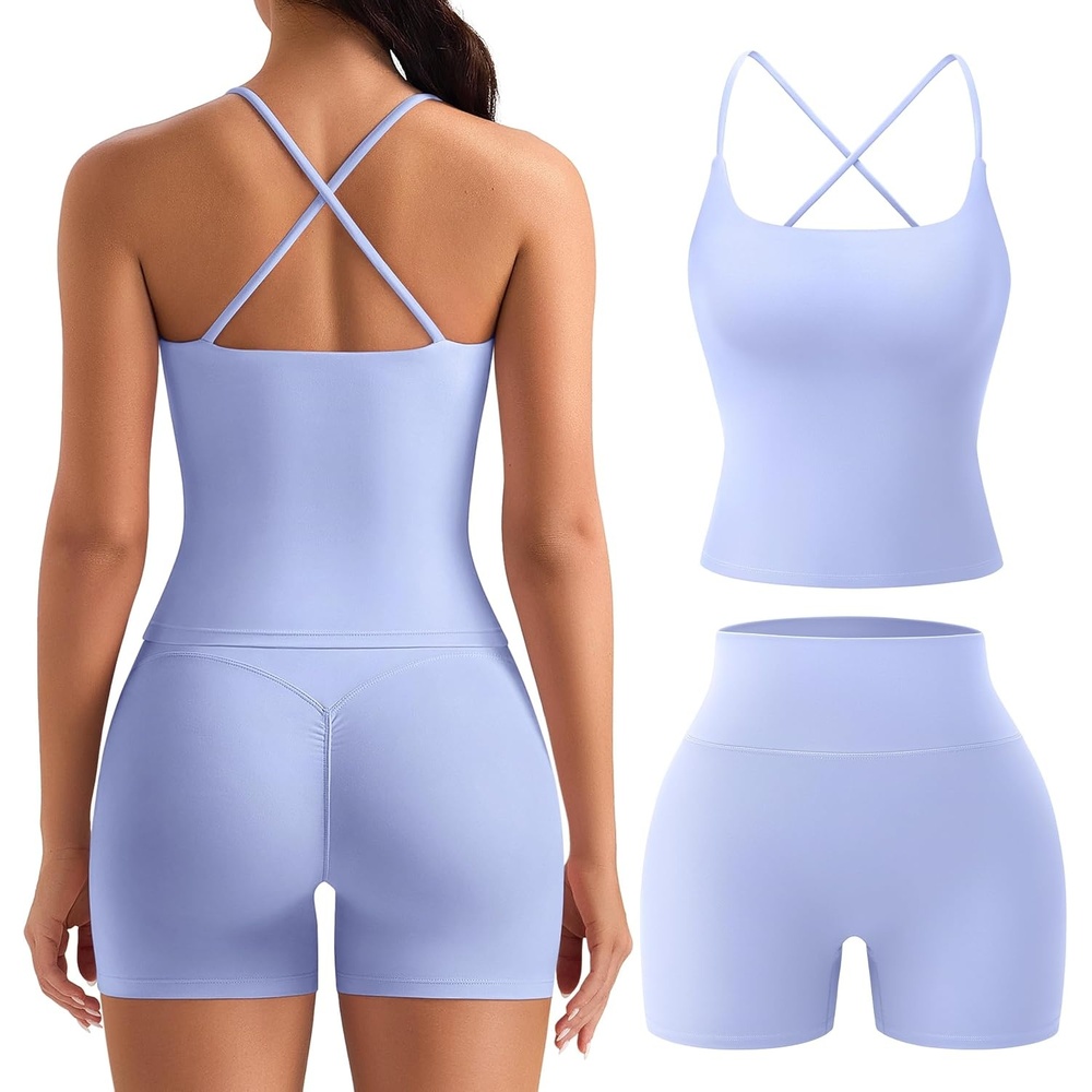 image:imageOLCHEE Womens Workout Set 2 Piece Criss Cross Tank Top Scrunch Butt ShortsLight Blue