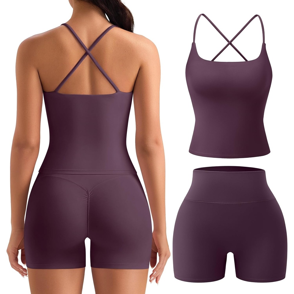 image:imageOLCHEE Womens Workout Set 2 Piece Criss Cross Tank Top Scrunch Butt ShortsPlum
