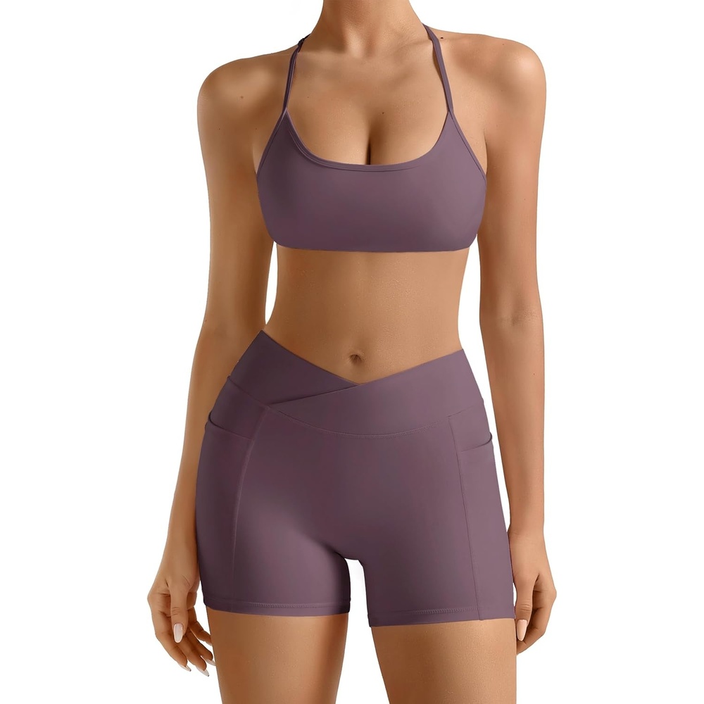 image:imageOLCHEE Womens Workout Sets 2 Piece Y Back Sports Bra Gym Shorts PaddedAmethyst