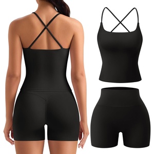 OLCHEE Womens Workout Set 2 Piece Criss Cross Tank Top Scrunch Butt Shorts(Black)