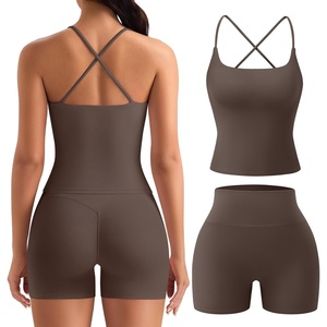 OLCHEE Womens Workout Set 2 Piece Criss Cross Tank Top Scrunch Butt Shorts(Dark Brown)